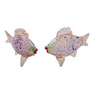 ​Vintage Hand-Blown Art Glass Fish Figurines - Pair - Multicolored Confetti